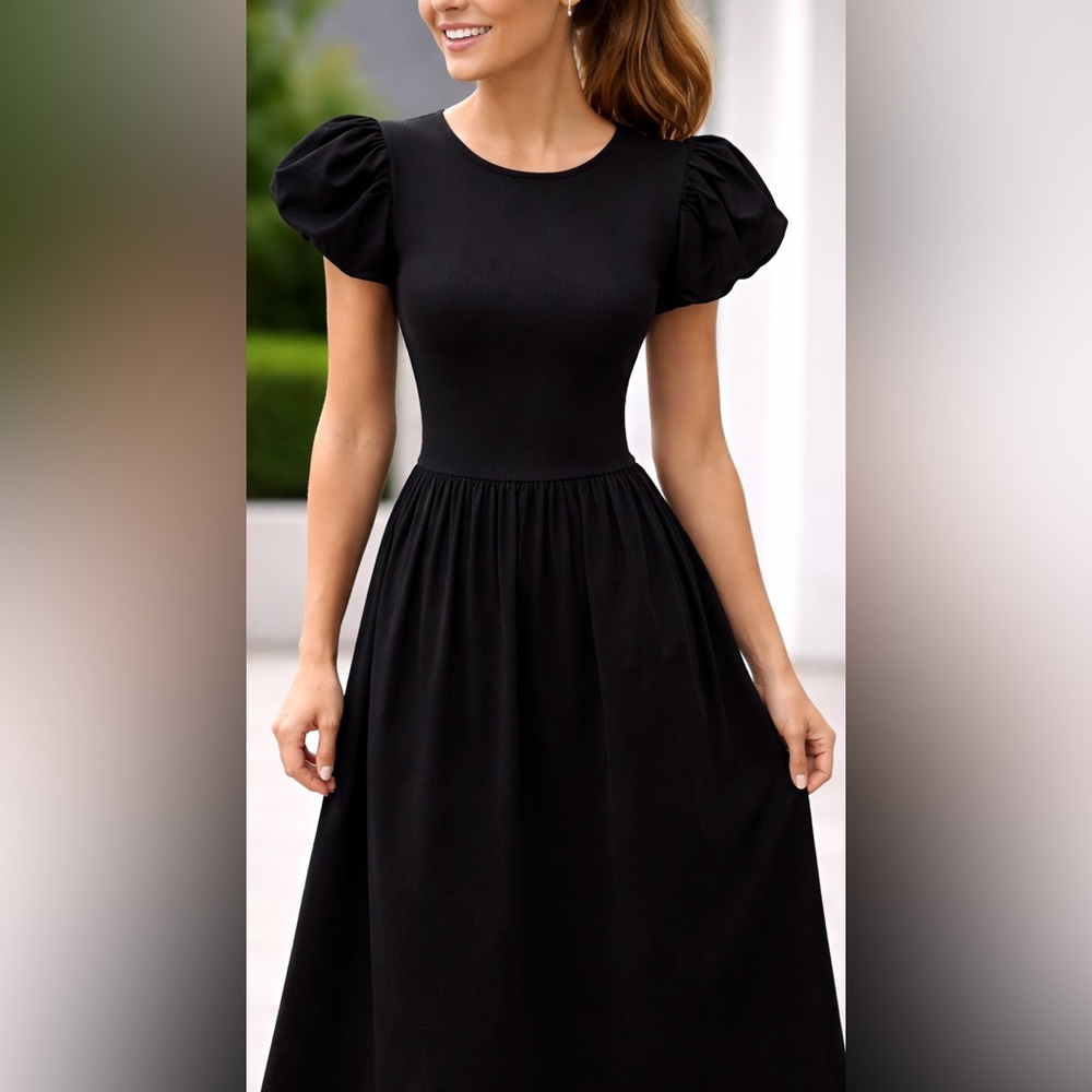 Zara Black Puff Sleeve Fit-and-Flare Dress-Small-NWT